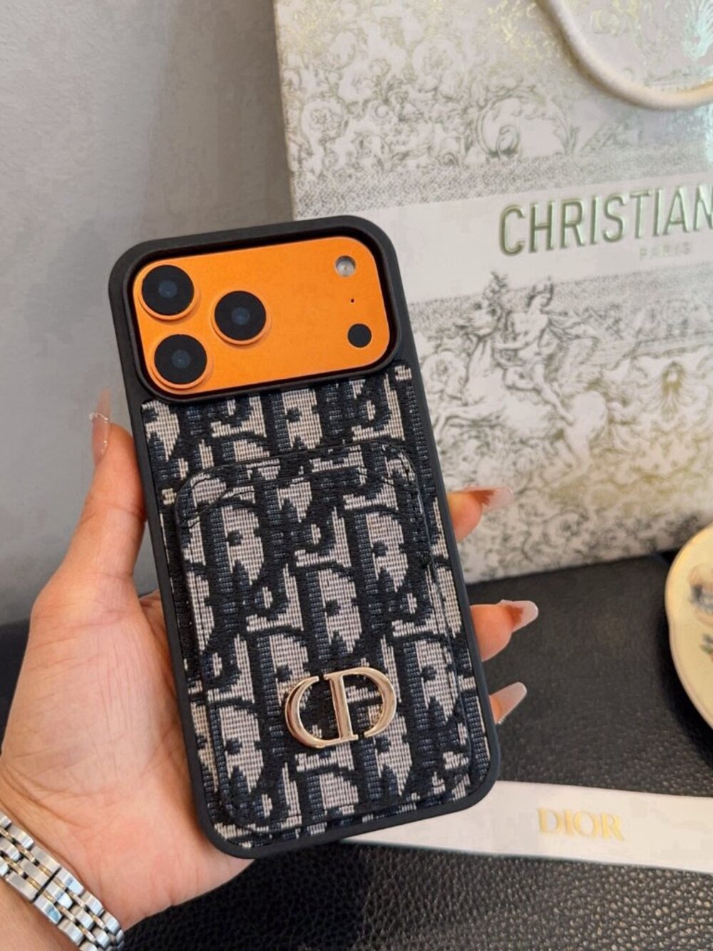 Dior Oblique Jacquard Card Slot Phone Case Gold‑Tone CD Logo